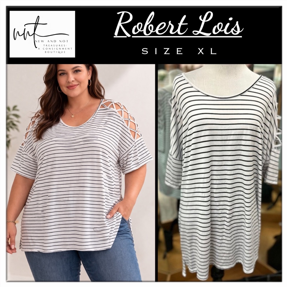Robert Louis XL Striped Cold Shoulder Top Criss Cross Sleeve Black White